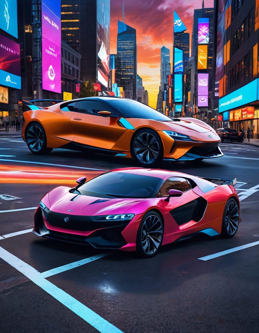 A dynamic scene depicting a virtual parking challenge with a sleek car expertly maneuvering through a colorful cityscape filled with traffic cones and digital signage. Showcase a confident driver, focused and in control, with exaggerated steering movements. The background should feature stylized buildings and a vibrant sunset sky to enhance the virtual aspect. Incorporate digital elements like grid lines and holographic displays around the car for a futuristic feel. super-realistic. vibrant colors. 3D.