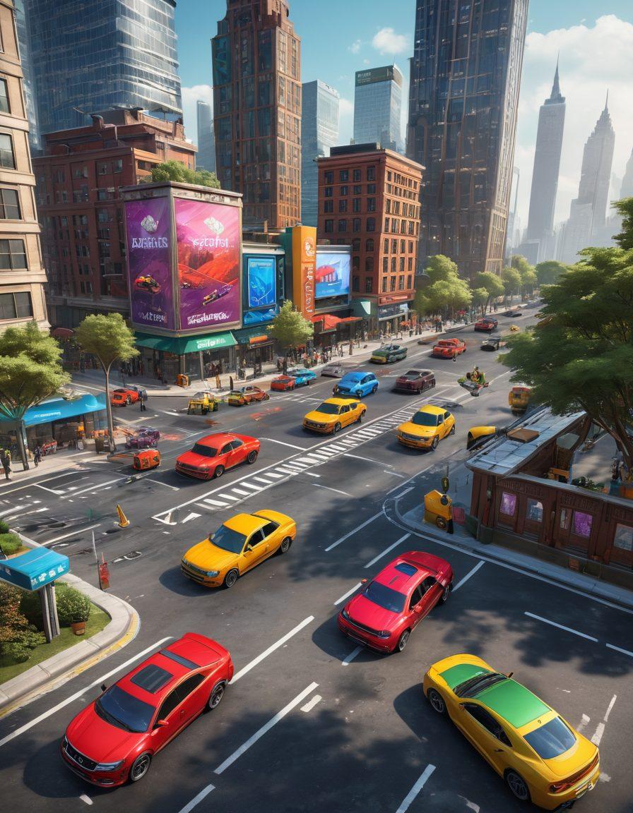 An intense multiplayer parking game scene featuring a diverse array of colorful vehicles skillfully maneuvering in a dynamic urban environment. The setting includes intricate parking challenges, with players immersed in action, showcasing focus and excitement. Add elements like on-screen indicators, a vibrant scoreboard, and various backgrounds like tall buildings or a park. super-realistic. vibrant colors. action-packed.