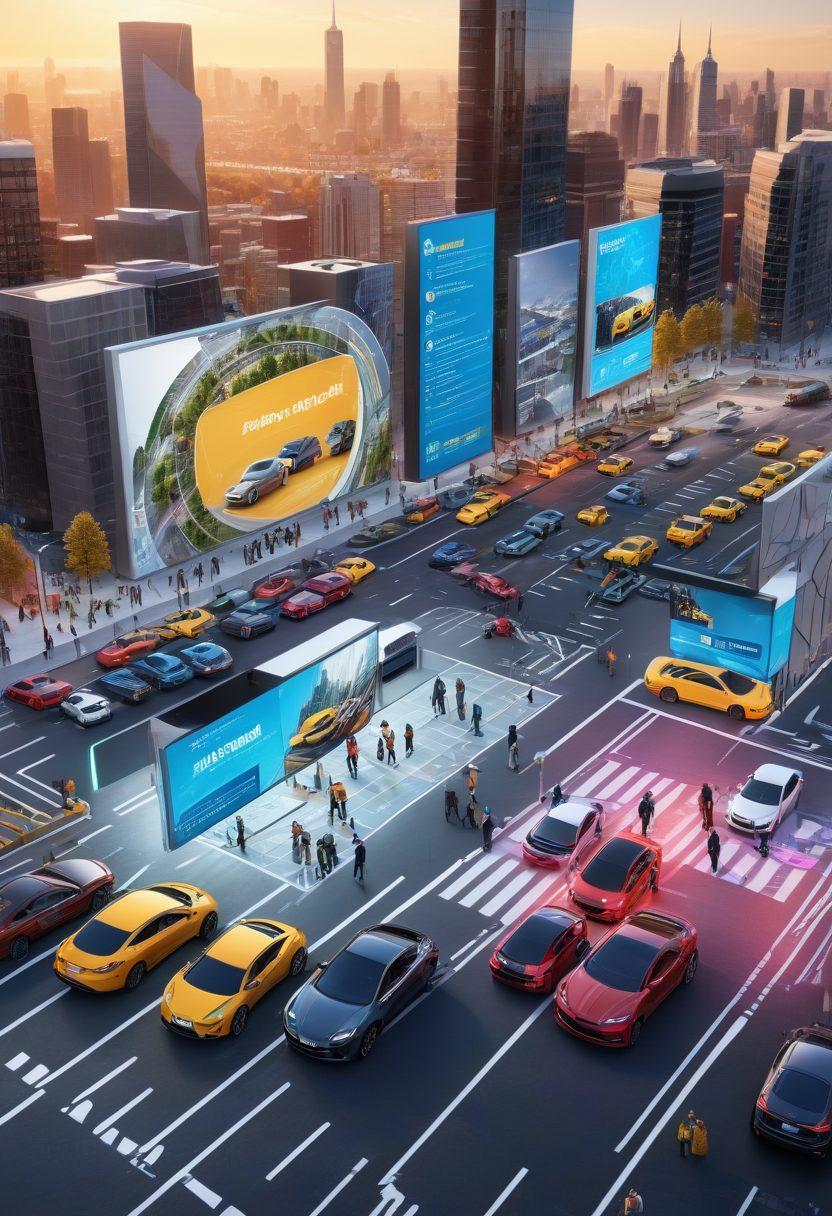 A vibrant scene depicting a diverse group of people engaging with an interactive parking simulation setup, with digital screens displaying car maneuvers and parking challenges. The environment is modern, showcasing futuristic cars and realistic cityscapes through large windows, emphasizing an educational yet fun atmosphere. Bright colors and an inviting layout encourage active participation. 3D rendering. vibrant colors. interactive design.